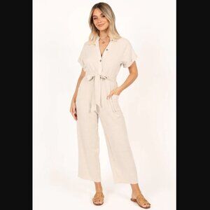 Petal & Pup Archie Oat Linen Belted Jumpsuit L